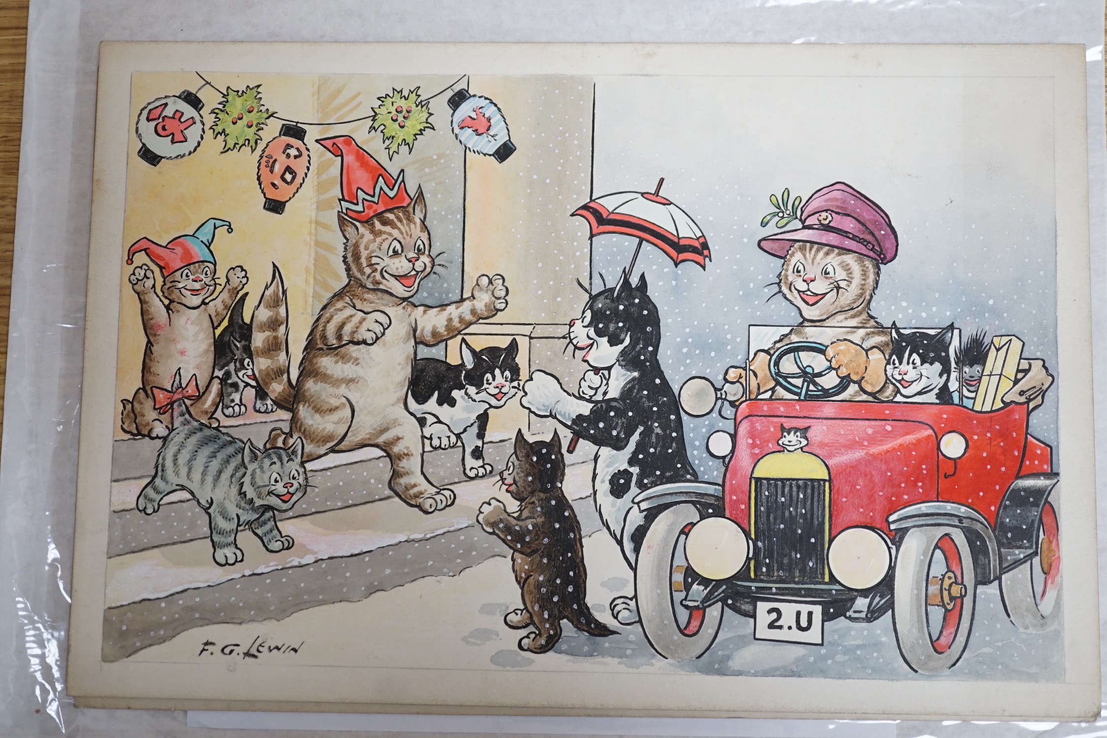 Frederick George Lewin (1861-1933), ink and watercolour, three vintage postcard designs, Humorous cats, signed, 20 x 30cm, unframed